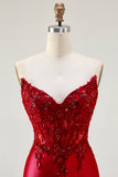 Red Mermaid Strapless Corset Prom Dress with Appliques