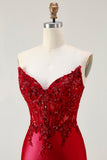 Red Mermaid Strapless Corset Prom Dress with Appliques
