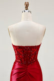 Red Mermaid Strapless Corset Prom Dress with Appliques