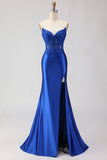 Royal Blue Mermaid Corset Beaded Strapless Long Prom Dress With Slit