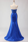 Royal Blue Mermaid Corset Beaded Strapless Long Prom Dress With Slit