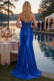 Royal Blue Mermaid Corset Beaded Strapless Long Prom Dress With Slit