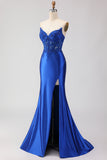 Royal Blue Mermaid Corset Beaded Strapless Long Prom Dress With Slit