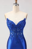 Royal Blue Mermaid Corset Beaded Strapless Long Prom Dress With Slit