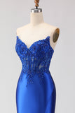 Royal Blue Mermaid Corset Beaded Strapless Long Prom Dress With Slit