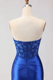 Royal Blue Mermaid Corset Beaded Strapless Long Prom Dress With Slit