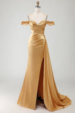 Off the Shoulder Beaded Golden Prom Dress with Side Cape