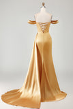 Off the Shoulder Beaded Golden Prom Dress with Side Cape