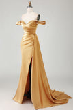 Off the Shoulder Beaded Golden Prom Dress with Side Cape