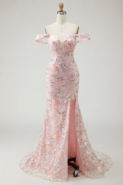Blush Off the Shoulder Embroidered Mermaid Prom Dress