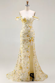 Yellow Off the Shoulder Mermaid Sequin Prom Dress