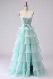 Green Beaded Appliqued Corset A Line Tiered Ruffle Strapless Long Prom Dress With Slit