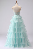 Green Beaded Appliqued Corset A Line Tiered Ruffle Strapless Long Prom Dress With Slit