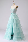 Green Beaded Appliqued Corset A Line Tiered Ruffle Strapless Long Prom Dress With Slit