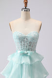 Green Beaded Appliqued Corset A Line Tiered Ruffle Strapless Long Prom Dress With Slit