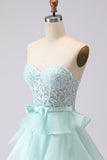Green Beaded Appliqued Corset A Line Tiered Ruffle Strapless Long Prom Dress With Slit