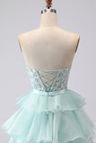 Green Beaded Appliqued Corset A Line Tiered Ruffle Strapless Long Prom Dress With Slit