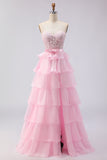 Green Beaded Appliqued Corset A Line Tiered Ruffle Strapless Long Prom Dress With Slit