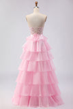Green Beaded Appliqued Corset A Line Tiered Ruffle Strapless Long Prom Dress With Slit