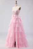 Green Beaded Appliqued Corset A Line Tiered Ruffle Strapless Long Prom Dress With Slit