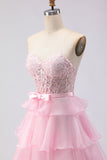 Green Beaded Appliqued Corset A Line Tiered Ruffle Strapless Long Prom Dress With Slit
