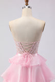 Green Beaded Appliqued Corset A Line Tiered Ruffle Strapless Long Prom Dress With Slit