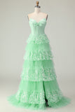 Green Strapless Tiered Appliqued A Line Prom Dress