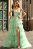 Green Strapless Tiered Appliqued A Line Prom Dress