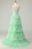 Green Strapless Tiered Appliqued A Line Prom Dress