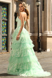 Green Strapless Tiered Appliqued A Line Prom Dress