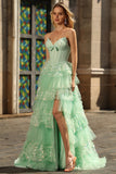 Green Strapless Tiered Appliqued A Line Prom Dress