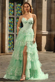 Green Strapless Tiered Appliqued A Line Prom Dress
