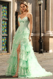Green Strapless Tiered Appliqued A Line Prom Dress