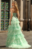Green Strapless Tiered Appliqued A Line Prom Dress