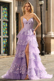 Strapless Tiered Purple A Line Prom Dress with Appliques