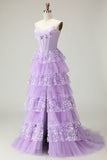 Strapless Tiered Purple A Line Prom Dress with Appliques