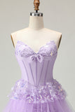 Strapless Tiered Purple A Line Prom Dress with Appliques