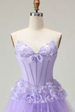 Strapless Tiered Purple A Line Prom Dress with Appliques