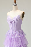 Strapless Tiered Purple A Line Prom Dress with Appliques