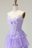 Strapless Tiered Purple A Line Prom Dress with Appliques
