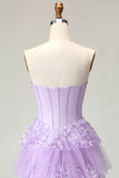 Strapless Tiered Purple A Line Prom Dress with Appliques