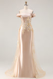 Champagne Satin A Line Appliqued Mother Of The Bride Dress