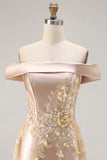 Champagne Satin A Line Appliqued Mother Of The Bride Dress