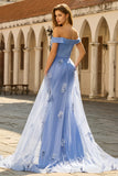 Mermaid Grey Blue Off the Shoulder Long Prom Dress With Appliques