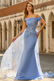 Mermaid Grey Blue Off the Shoulder Long Prom Dress With Appliques