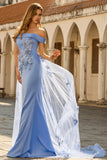 Mermaid Grey Blue Off the Shoulder Long Prom Dress With Appliques
