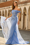 Mermaid Grey Blue Off the Shoulder Long Prom Dress With Appliques