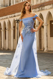 Mermaid Grey Blue Off the Shoulder Long Prom Dress With Appliques