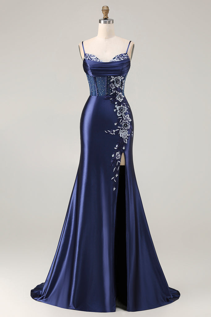 WEDTREND Women Navy Satin Long Prom Dress with Slit Mermaid Corset ...
