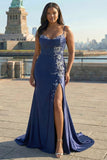 Satin Mermaid Applique Corset Navy Plus Size Prom Dress with Slit